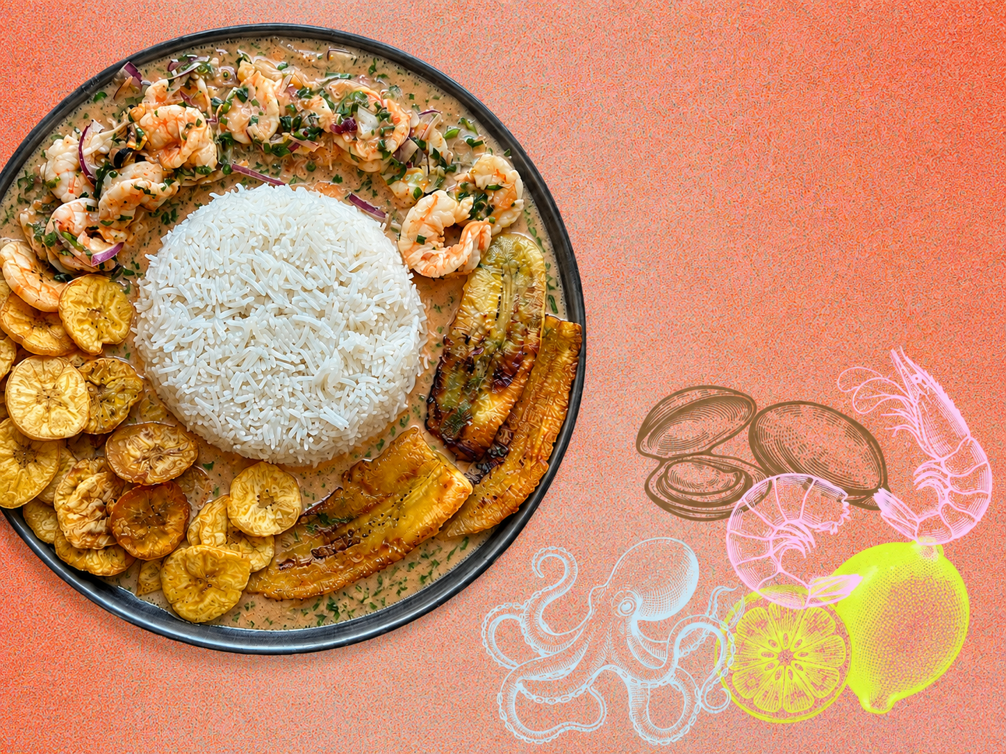 Ceviche mixto served with rice, shrimp and fried plantain