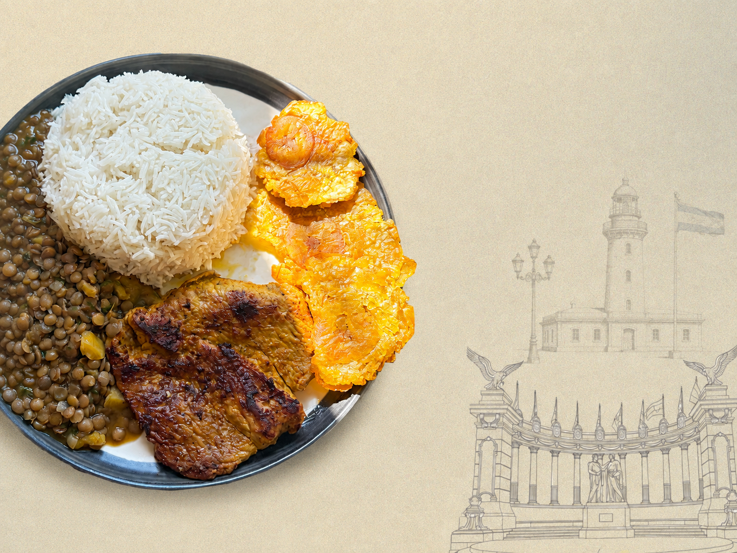 Menestra con chuleta — pork chop with lentil stew, rice and patacones