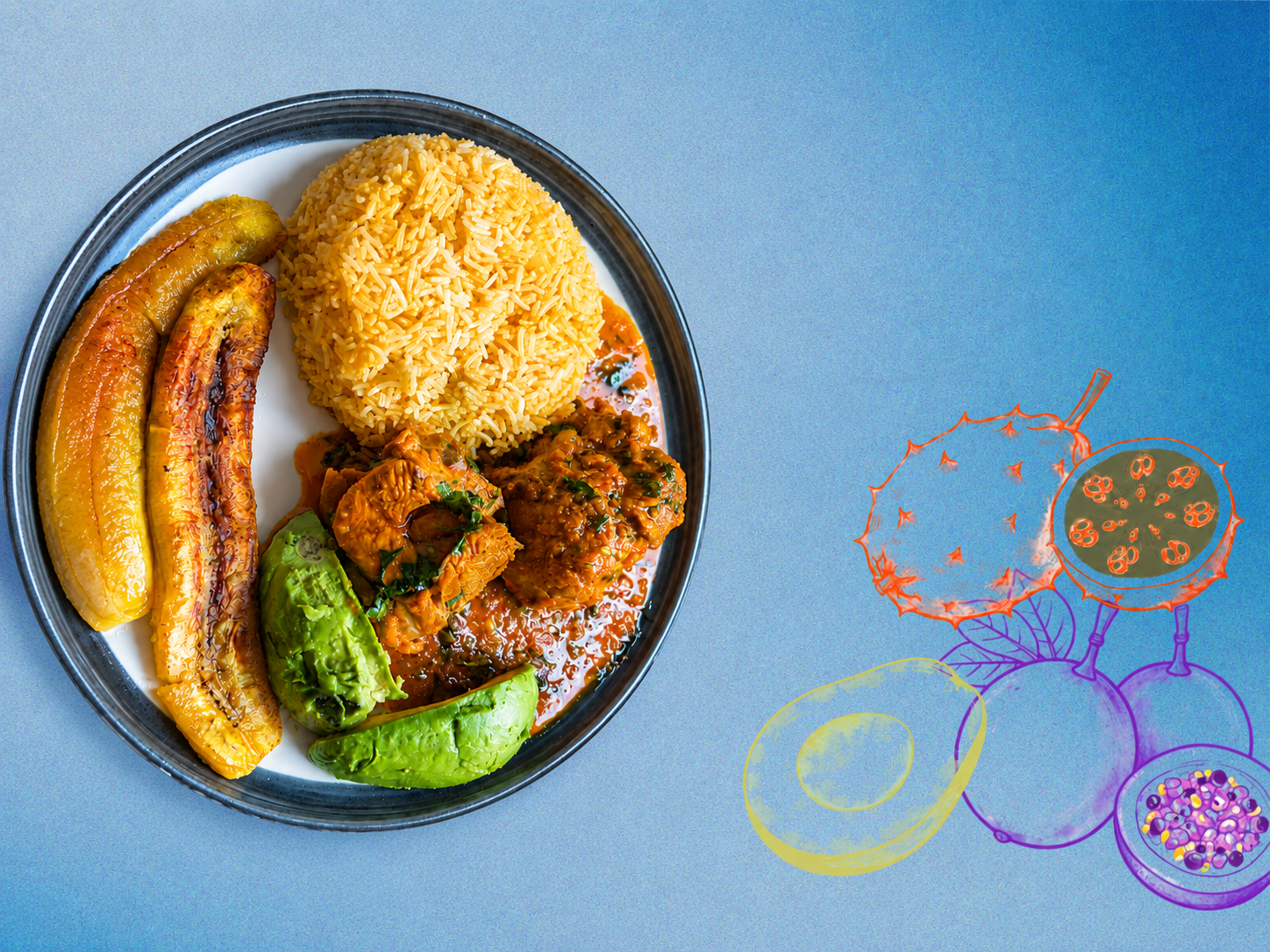 Seco de pollo served with yellow rice, avocado and fried plantain